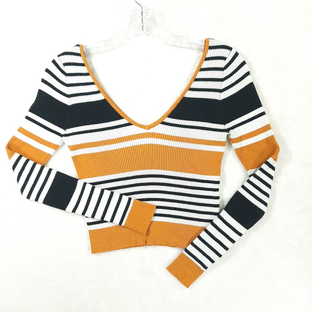 Kendall & Kylie Striped Ribbed V-Neck Crop Top Sweater XS‎ Black White Gold-ish